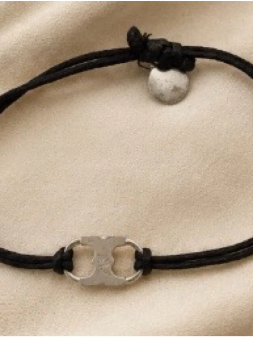 Tory Burch Black Leather Cord Bracelet with Silver Logo Accent